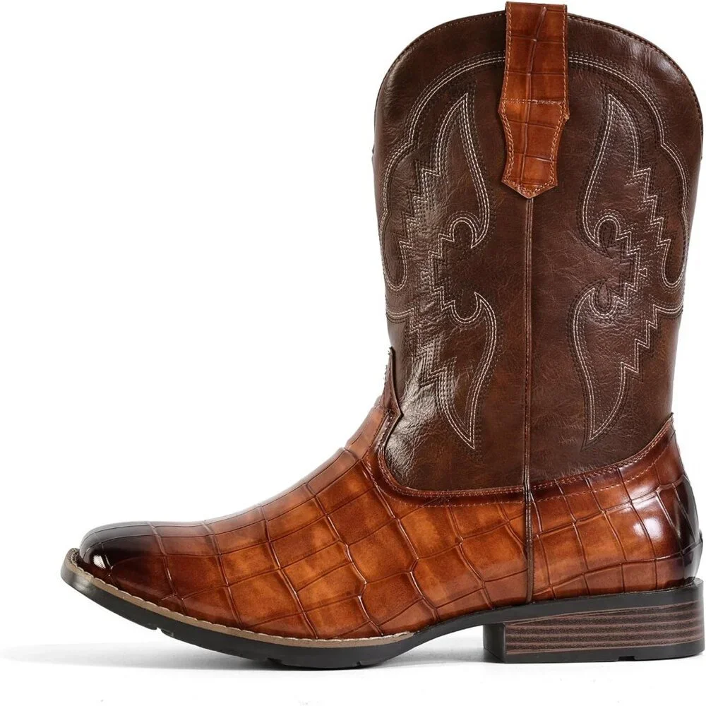 Men's Brown Western Boots Pull-on Slip Resistant Boots With Classic Embroidery